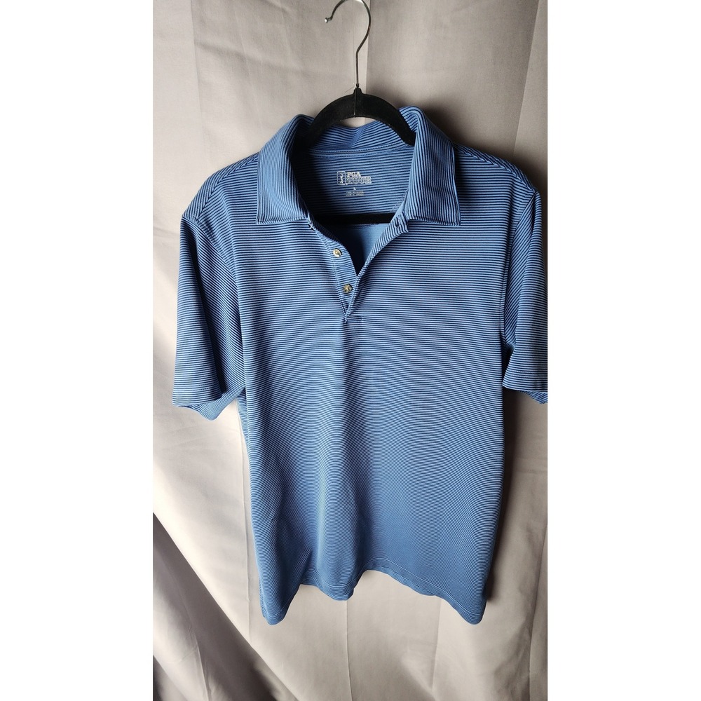 PGA Tour Mens Large Blue Striped Short Sleeve Golf Polo Shirt Performance EUC